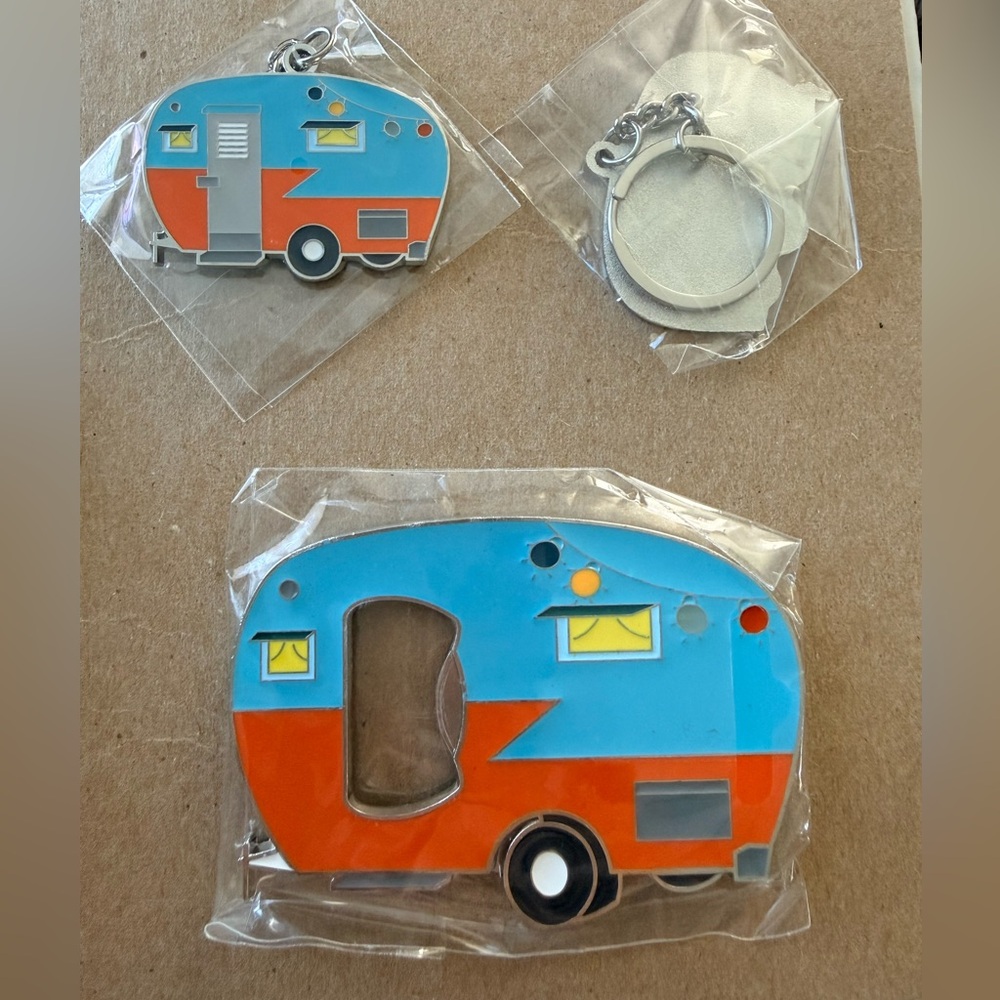 RV Gifts Blue and Orange Camper bottle opener 2 Keychain Set